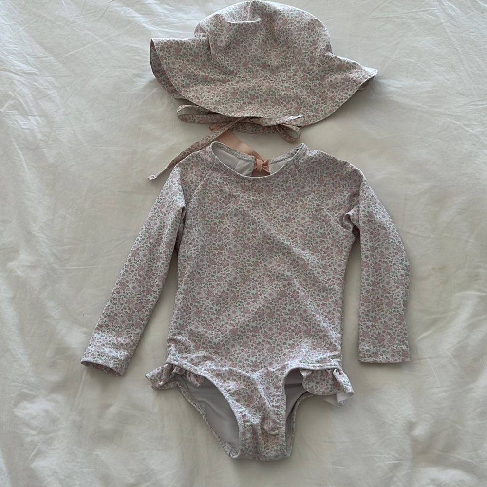 Minnow Swim Girls One-Piece Pink Floral Rashguard 2T + Matching Sunhat 18-24mo